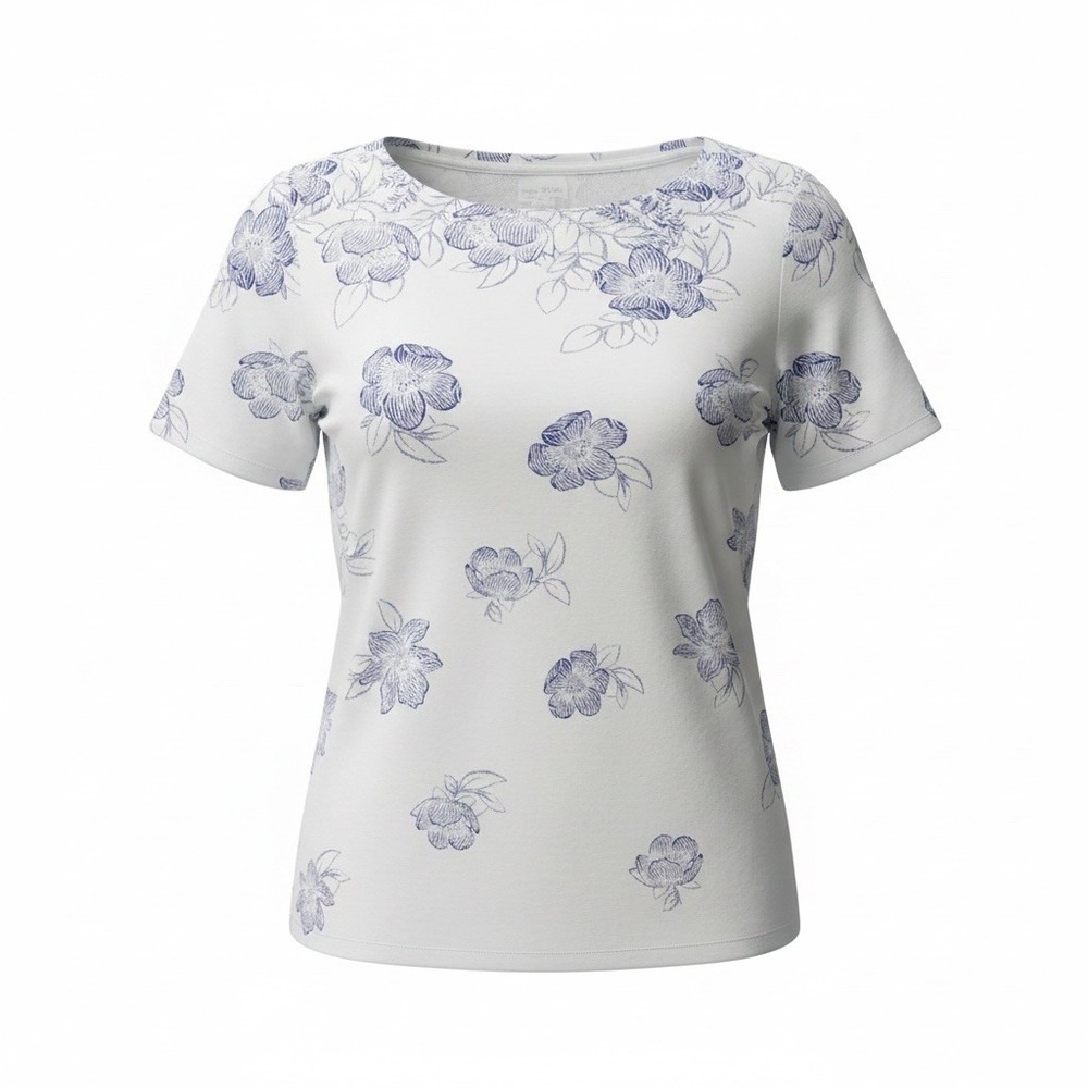 Talbots Women Floral Shirt White Blue Short Sleeve MP Medium Petite Pullover